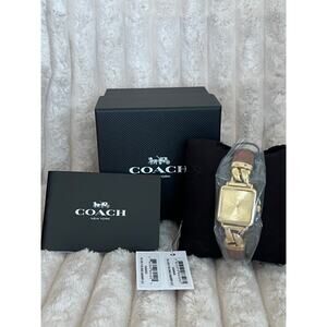 Coach Cass Women's 2H Quartz Watch brown Saddle leather band gold chain NWT